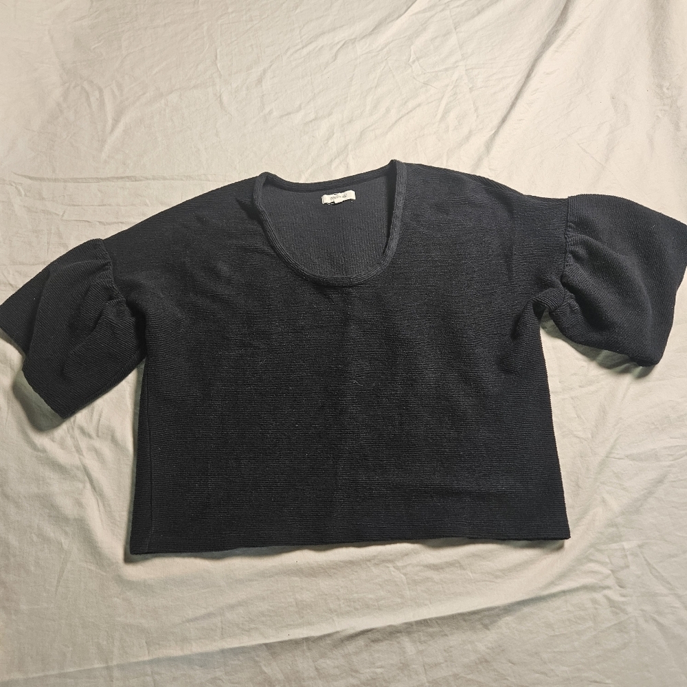 MADEWELL Size Medium Black Ribbed Scoop‎ Neck Puff Sleeve Knit Top Boho Feminine